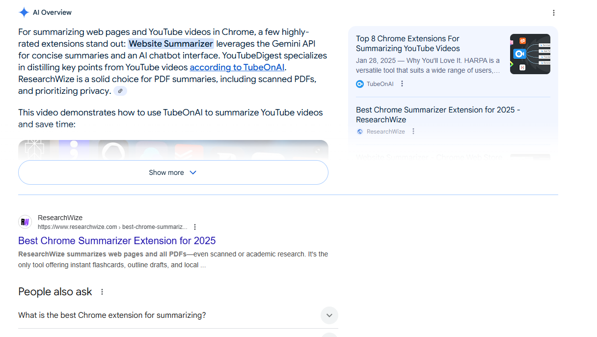 Screenshot of Google AI Overview highlighting ResearchWize as a top PDF summarizer