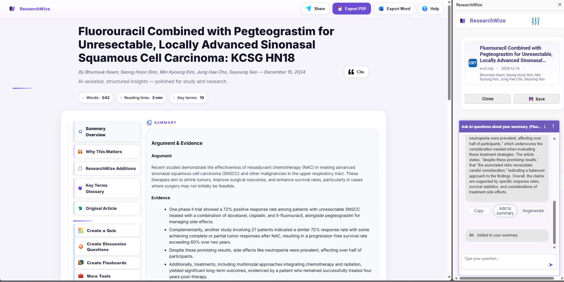 ResearchWize Chrome summarizer extension preview summarizing research papers with live AI chat
