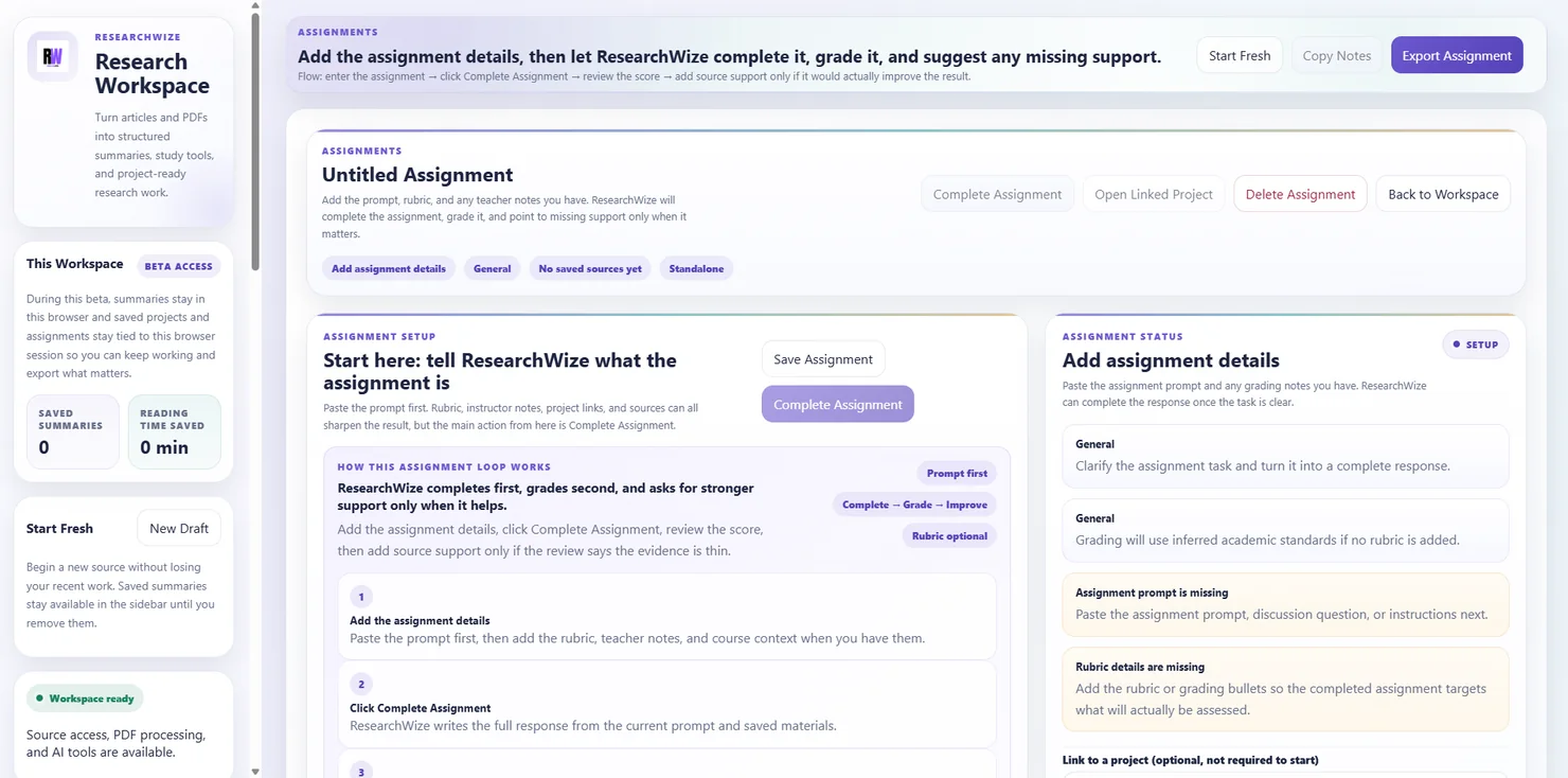 ResearchWize assignments workspace preview