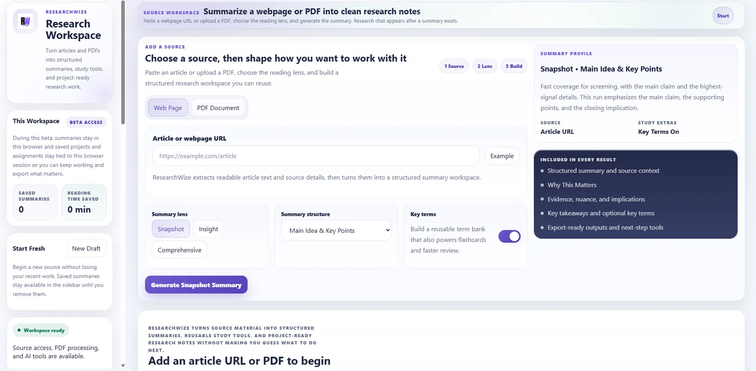 ResearchWize summary workspace preview